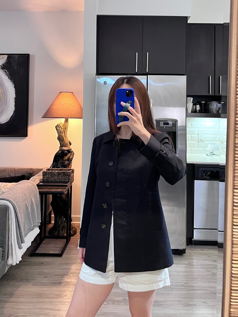 MaxMara Navy Short Trench Coat with concealed buttons